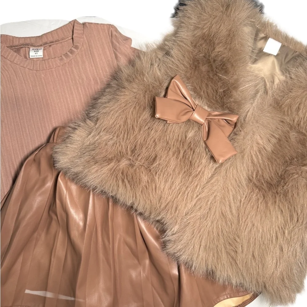 Stylish Tan Faux Fur Vest, ribbed top and faux leather pleated skirt